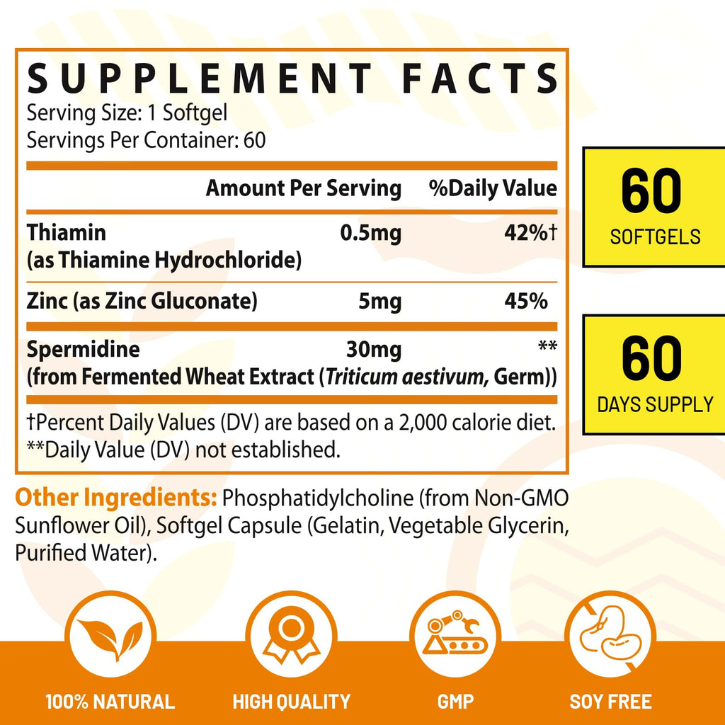 30mg Spermidine – Longevity, High Absorption Liposomal, 120 Softgels