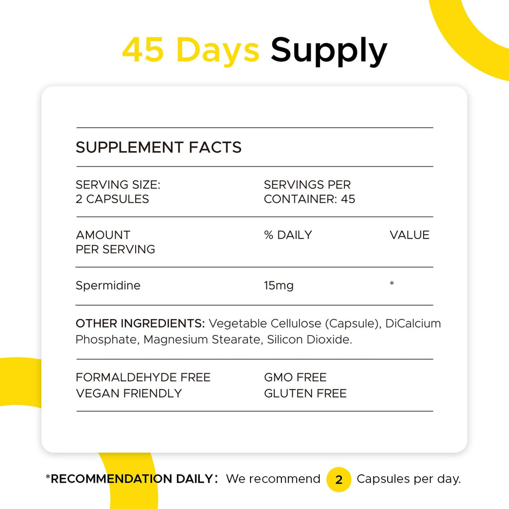 Spermidine 90 Capsules – Pure 15 mg per Serving for Energy Support, Cellular Vitality & Arginine, 45 Servings per Bottle