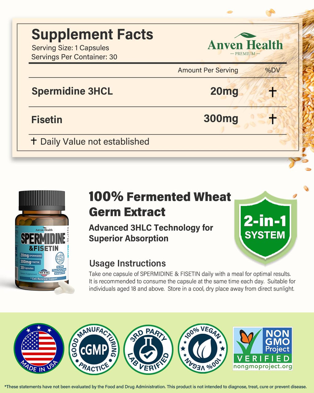 Spermidine & Fisetin Supplement – 20mg Spermidine, 300mg Fisetin | 90 Veggie Caps | Made in USA