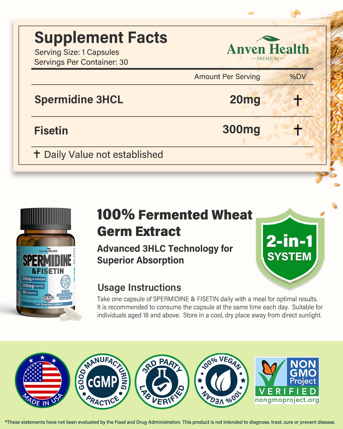 Spermidine & Fisetin Supplement – 20mg Spermidine, 300mg Fisetin | 90 Veggie Caps | Made in USA