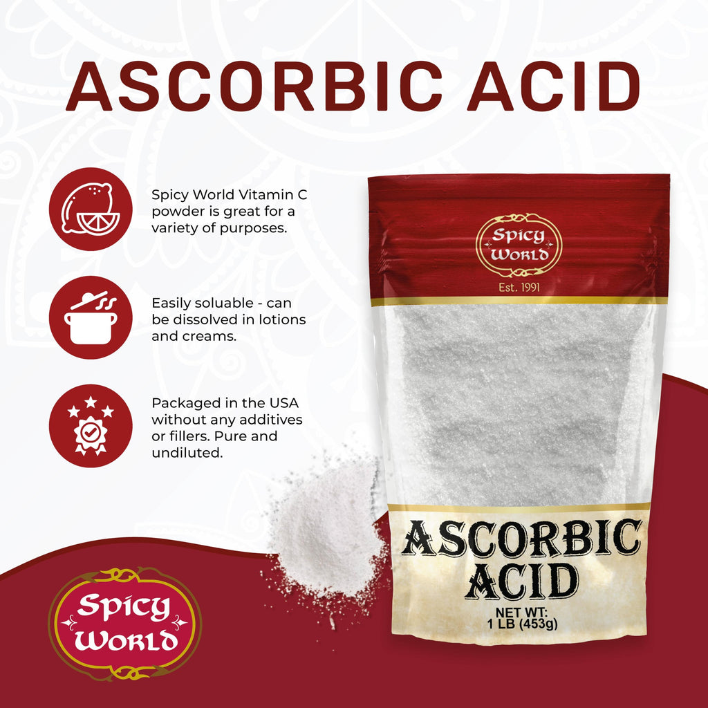 Spicy World Ascorbic Acid 1 LB Bulk Bag - Pure Vitamin C Powder - 100% Pure, Food Grade, Can be Used for Canning, Fruit, Pools - USP Grade (Pack of 2)