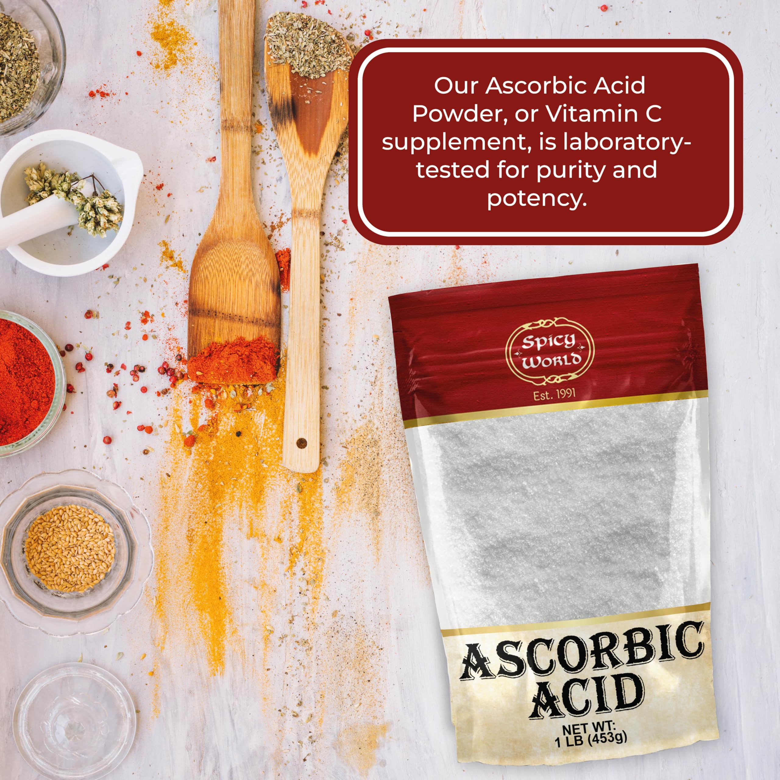 Spicy World Ascorbic Acid 1 LB Bulk Bag - Pure Vitamin C Powder - 100% Pure, Food Grade, Can be Used for Canning, Fruit, Pools - USP Grade (Pack of 2)