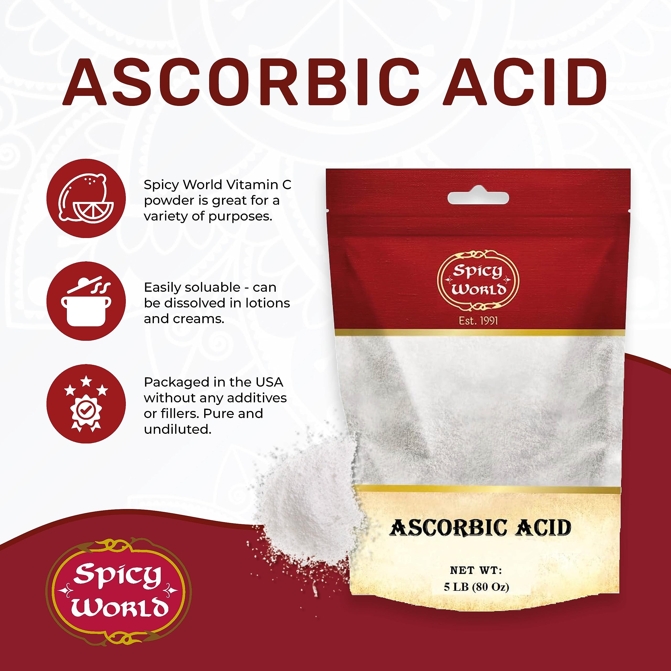 Spicy World Vitamin C Powder 5 lb (Ascorbic Acid) USP | Bulk Dietary Supplement