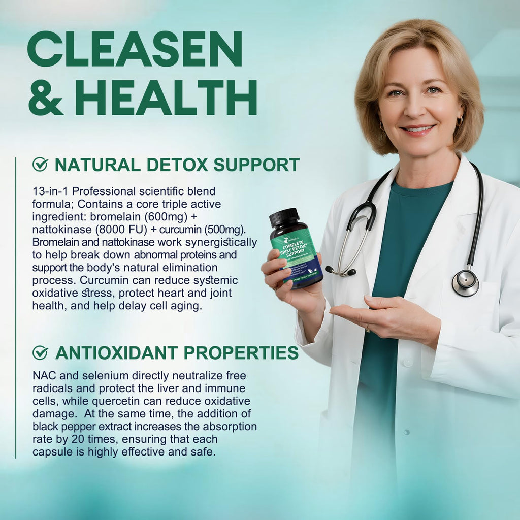 Spike Protein Detox Capsules – 8000 FU Nattokinase, Bromelain & Curcumin, 13-in-1 Immune Support