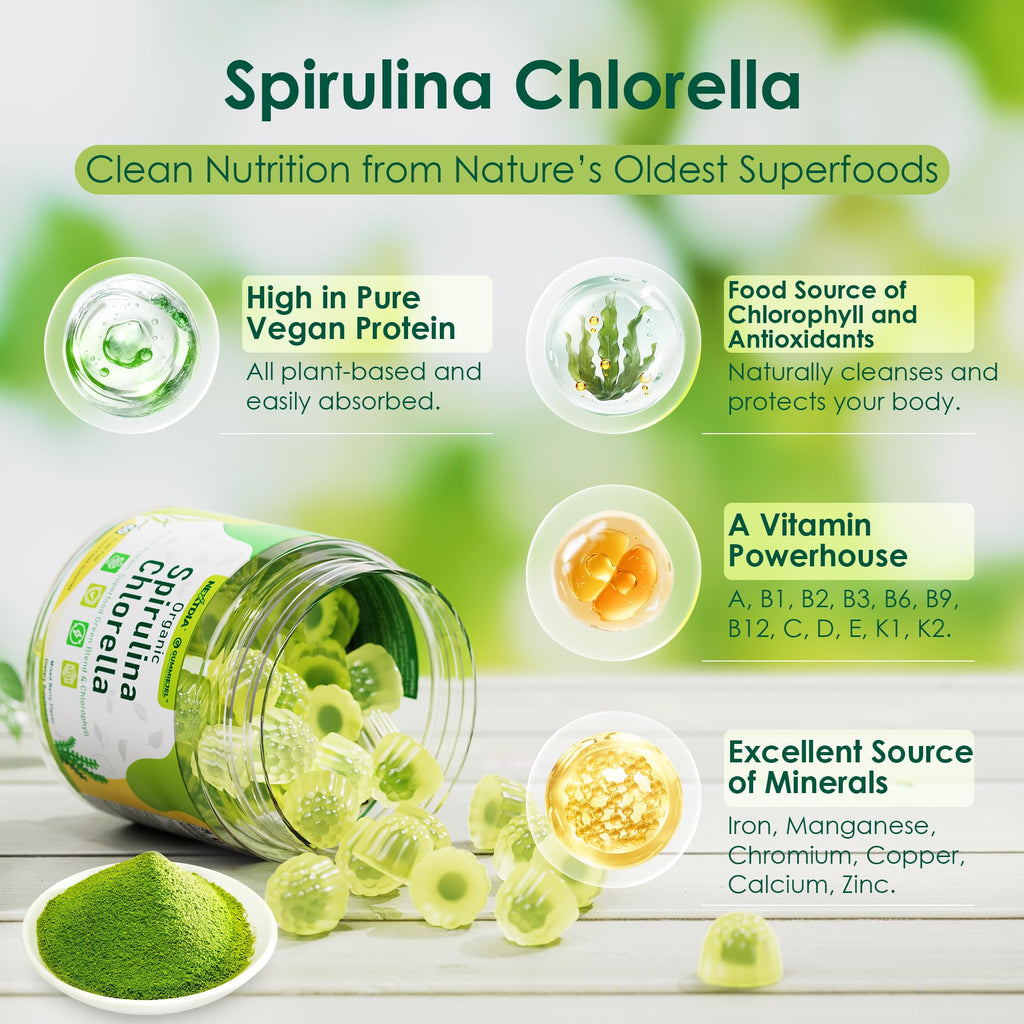 Nextdia (2 Pack) Organic Spirulina + Chlorella Gummies – Vegan Protein & Supergreens