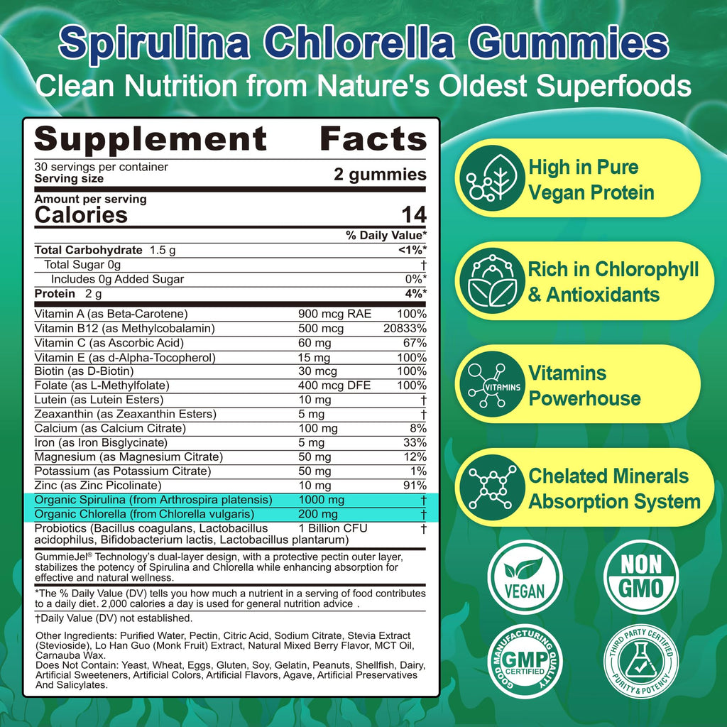Organic Spirulina & Chlorella Gummies – Probiotic & Super Greens Supplement, 60 Count
