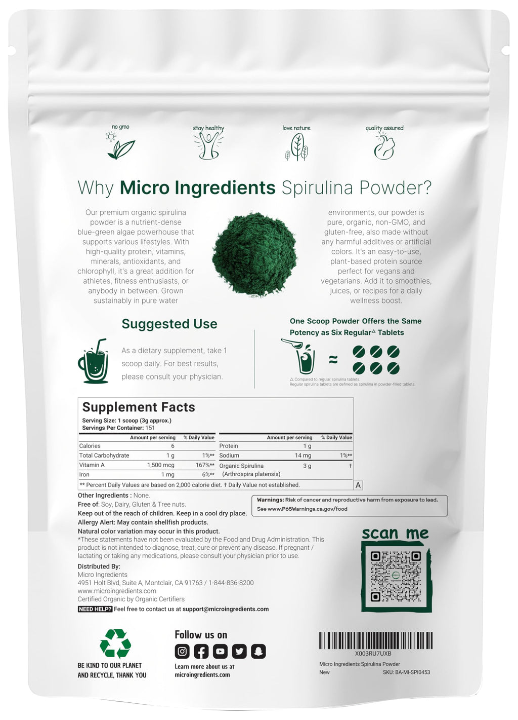Micro Ingredients Organic Spirulina Powder 1lb | Vegan Protein & Chlorophyll