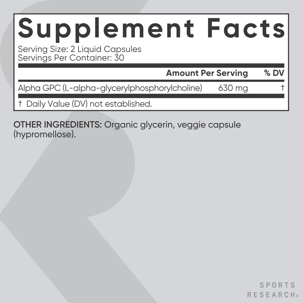 Sports Research® Alpha GPC 630mg Extra Strength – Focus & Cognitive Support – 60 Veggie Capsules