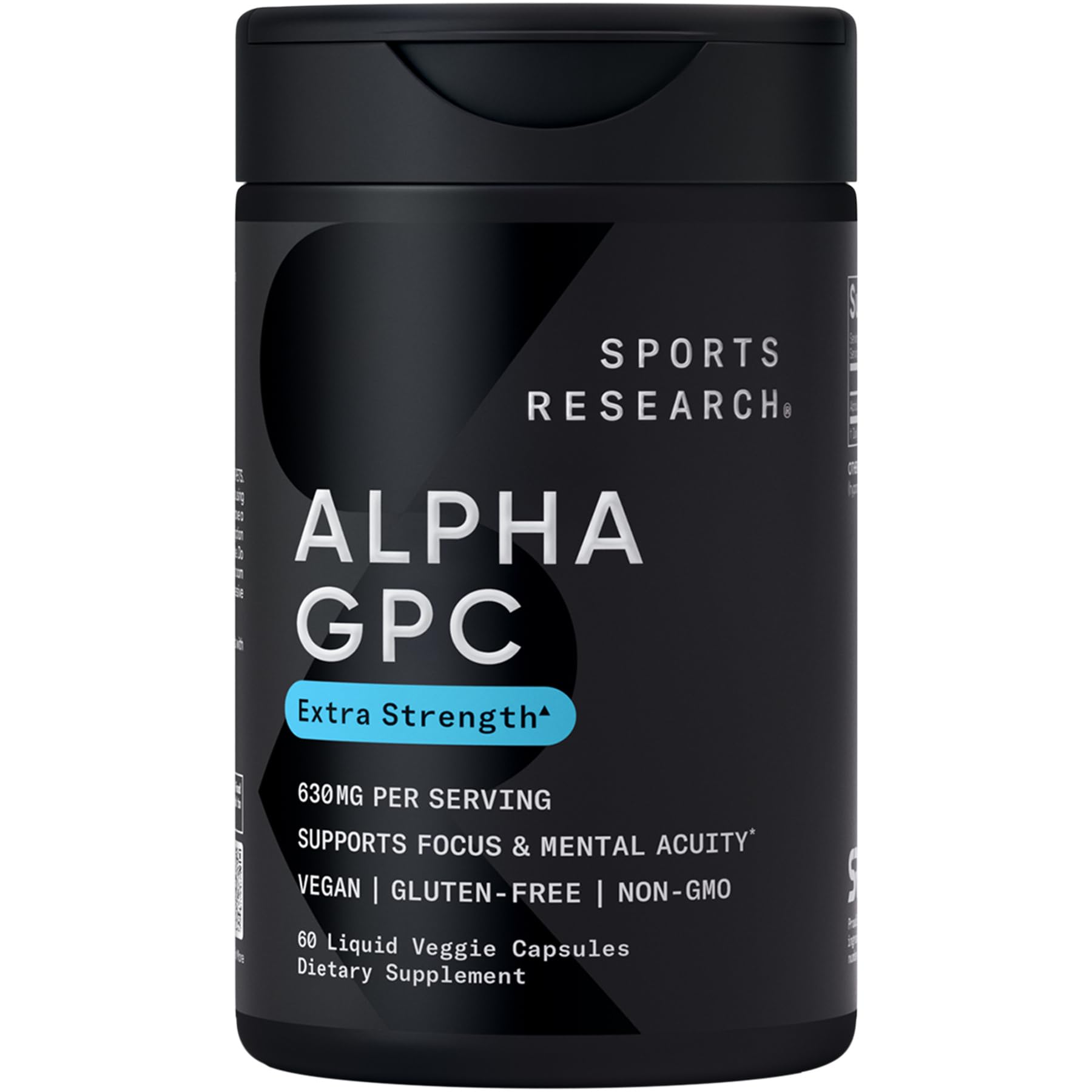 Sports Research® Alpha GPC 630mg Extra Strength – Focus & Cognitive Support – 60 Veggie Capsules