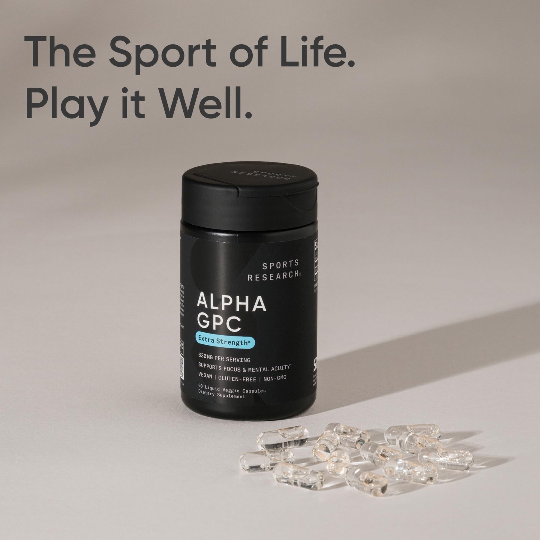 Sports Research® Alpha GPC 630mg Extra Strength – Focus & Cognitive Support – 60 Veggie Capsules
