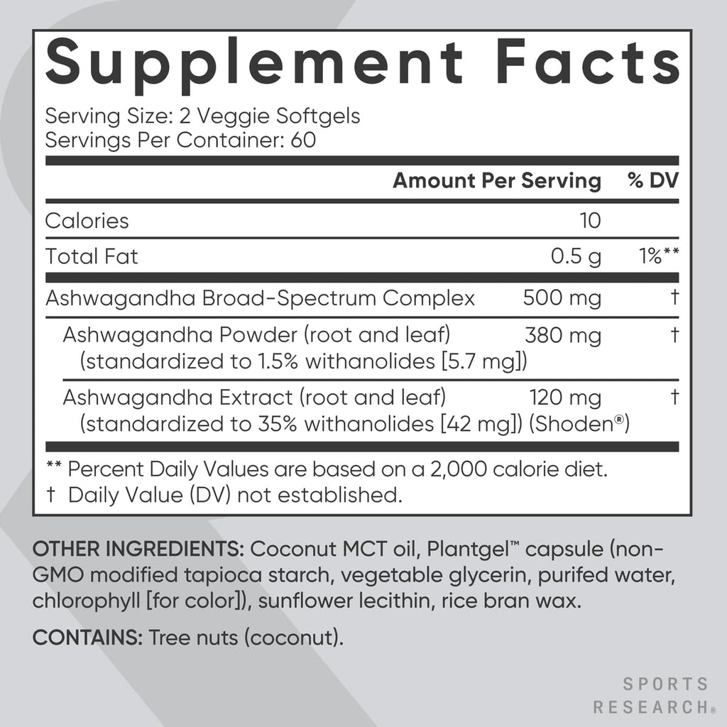 Sports Research Ashwagandha Softgels with Coconut MCT Oil – 120 Count – Shoden 35% Withanolides | Vegan & Gluten Free