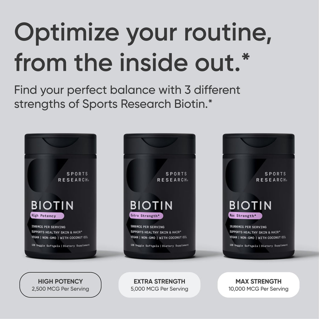 Sports Research Biotin 10,000mcg with Organic Coconut Oil – 30 Veggie Softgels | Vegan, Non-GMO