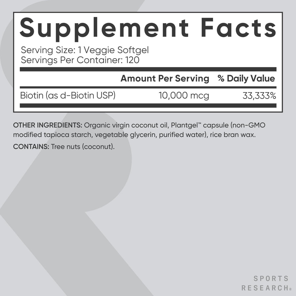 Sports Research Biotin 10,000mcg with Organic Coconut Oil – Vegan, Non-GMO, Gluten & Soy-Free – 120 Veggie Softgels