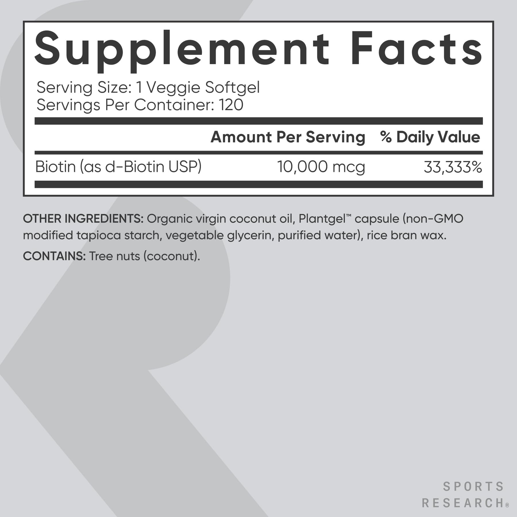 Sports Research Biotin 10,000mcg with Organic Coconut Oil – Vegan, Non-GMO, Gluten & Soy-Free – 120 Veggie Softgels