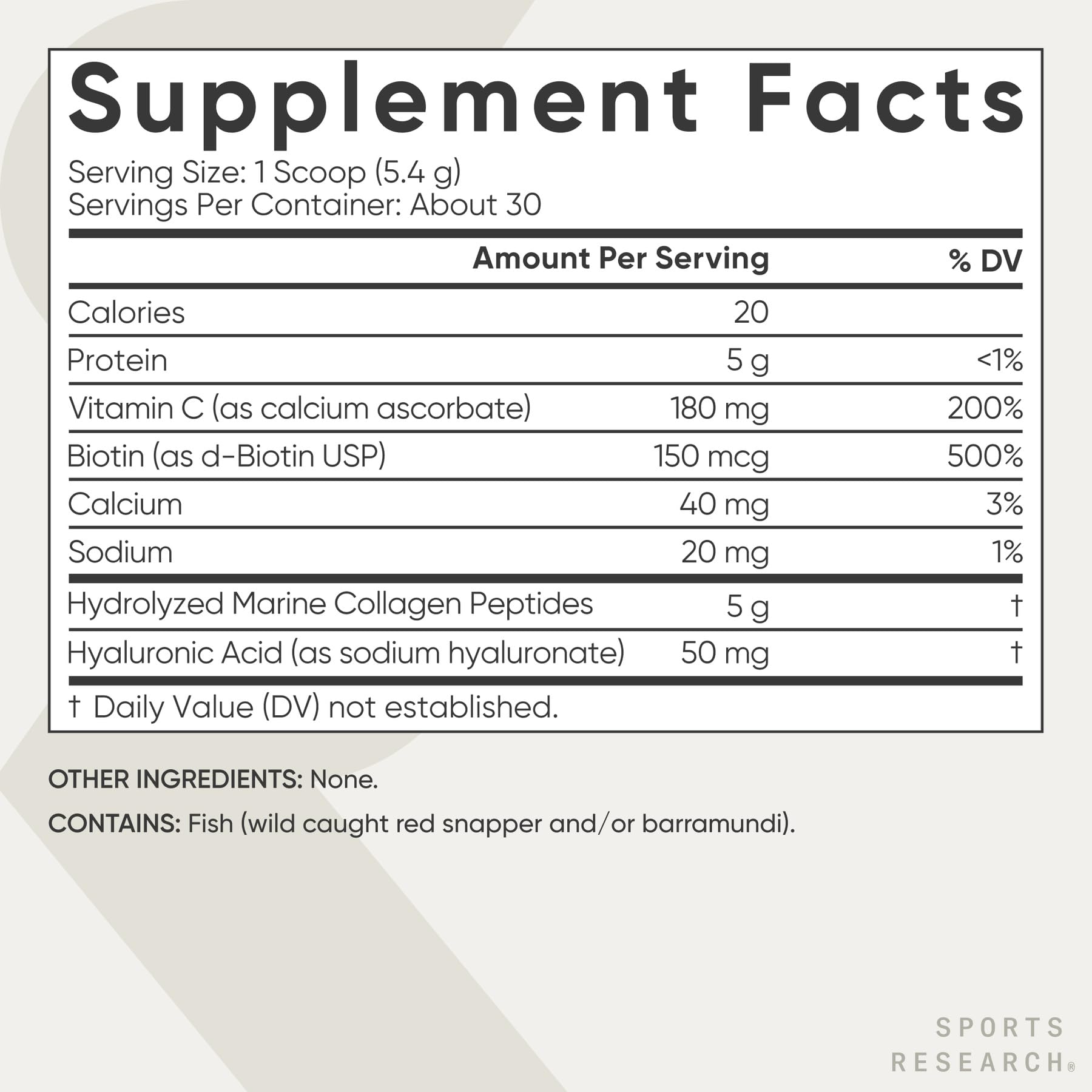 Sports Research Collagen Beauty Complex – Hyaluronic Acid, Vitamin C + Biotin | Unflavored (30 Servings)