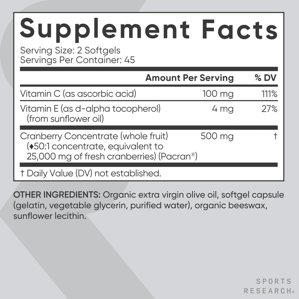 Sports Research Cranberry Fruit Complex Softgels – Urinary Tract Health Support | Pacran & Vitamins C & E
