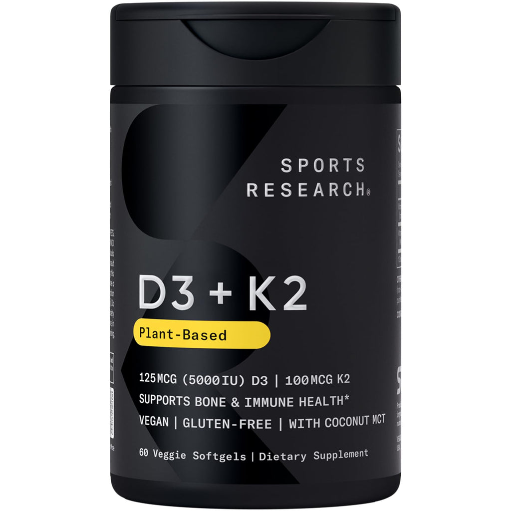 Sports Research D3 + K2 with Coconut Oil – Vegan D3 5000 IU, K2 100 mcg MK-7 | 60 Softgels