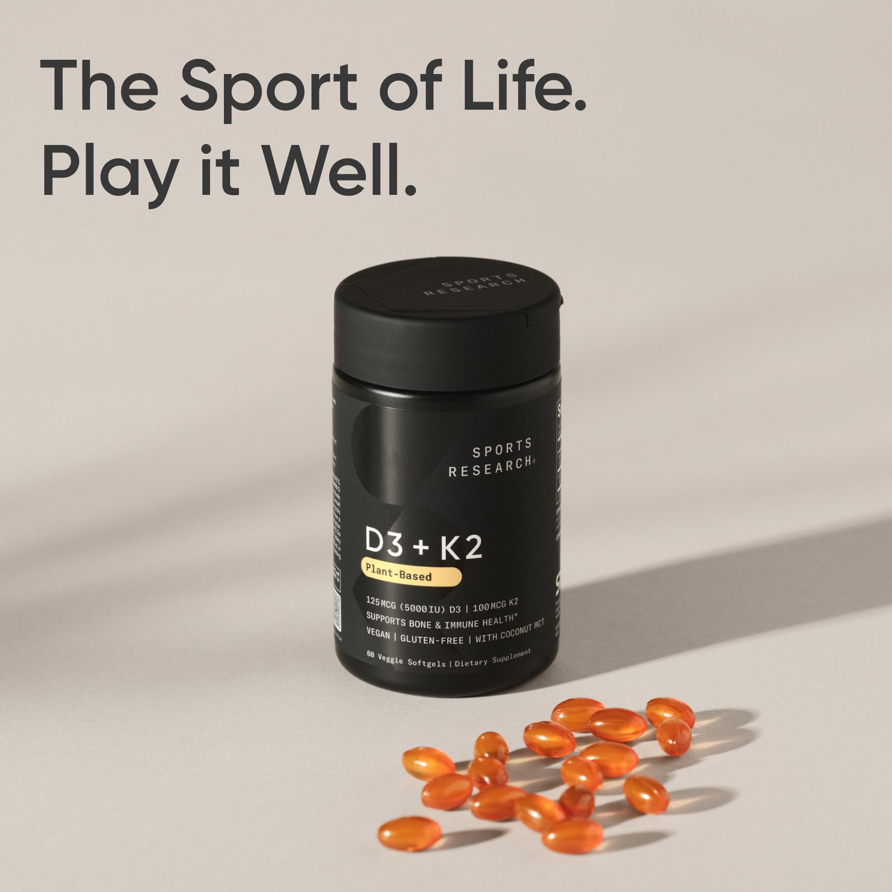 Sports Research D3 + K2 with Coconut Oil – Vegan D3 5000 IU, K2 100 mcg MK-7 | 60 Softgels