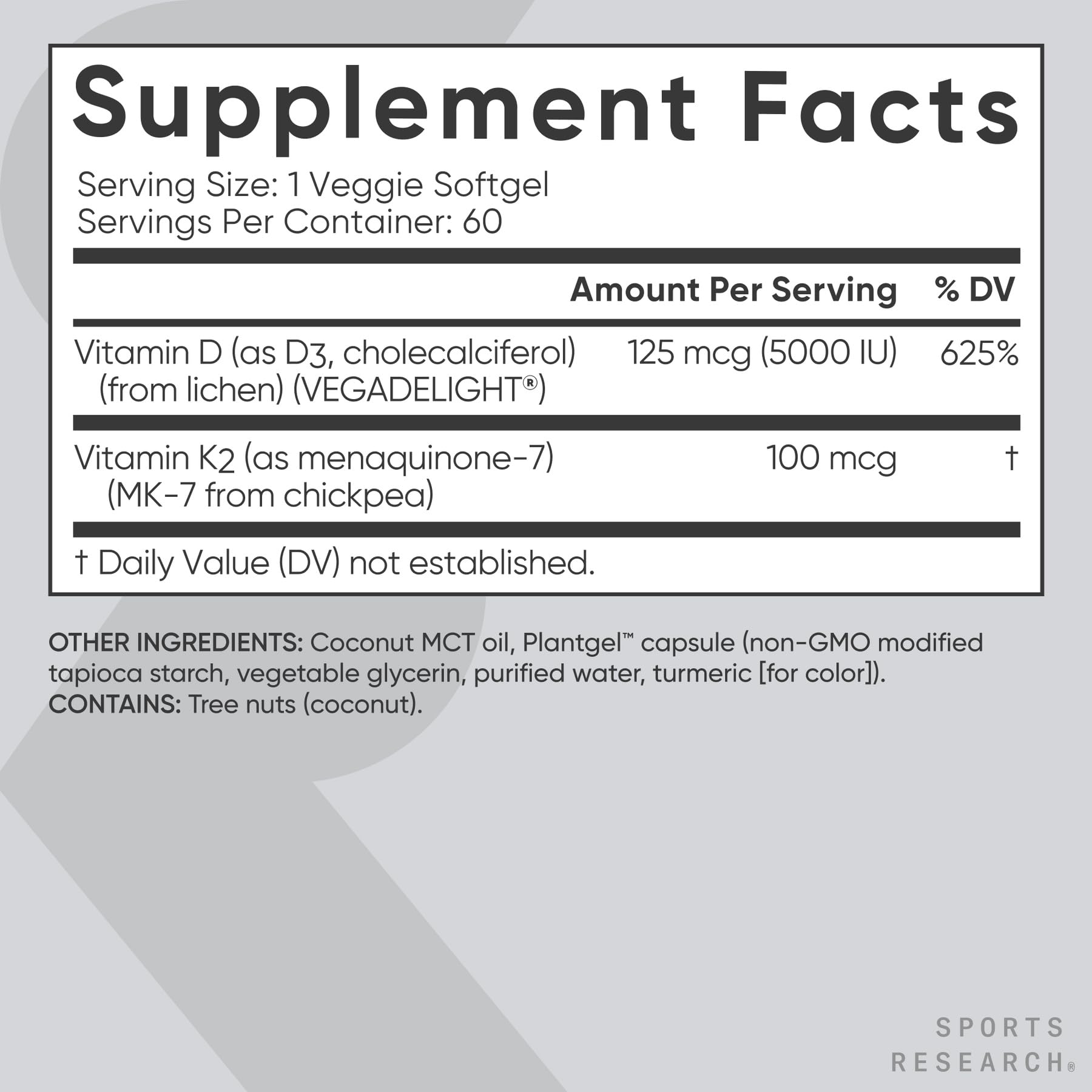 Sports Research D3 + K2 with Coconut Oil – Vegan D3 5000 IU, K2 100 mcg MK-7 | 60 Softgels
