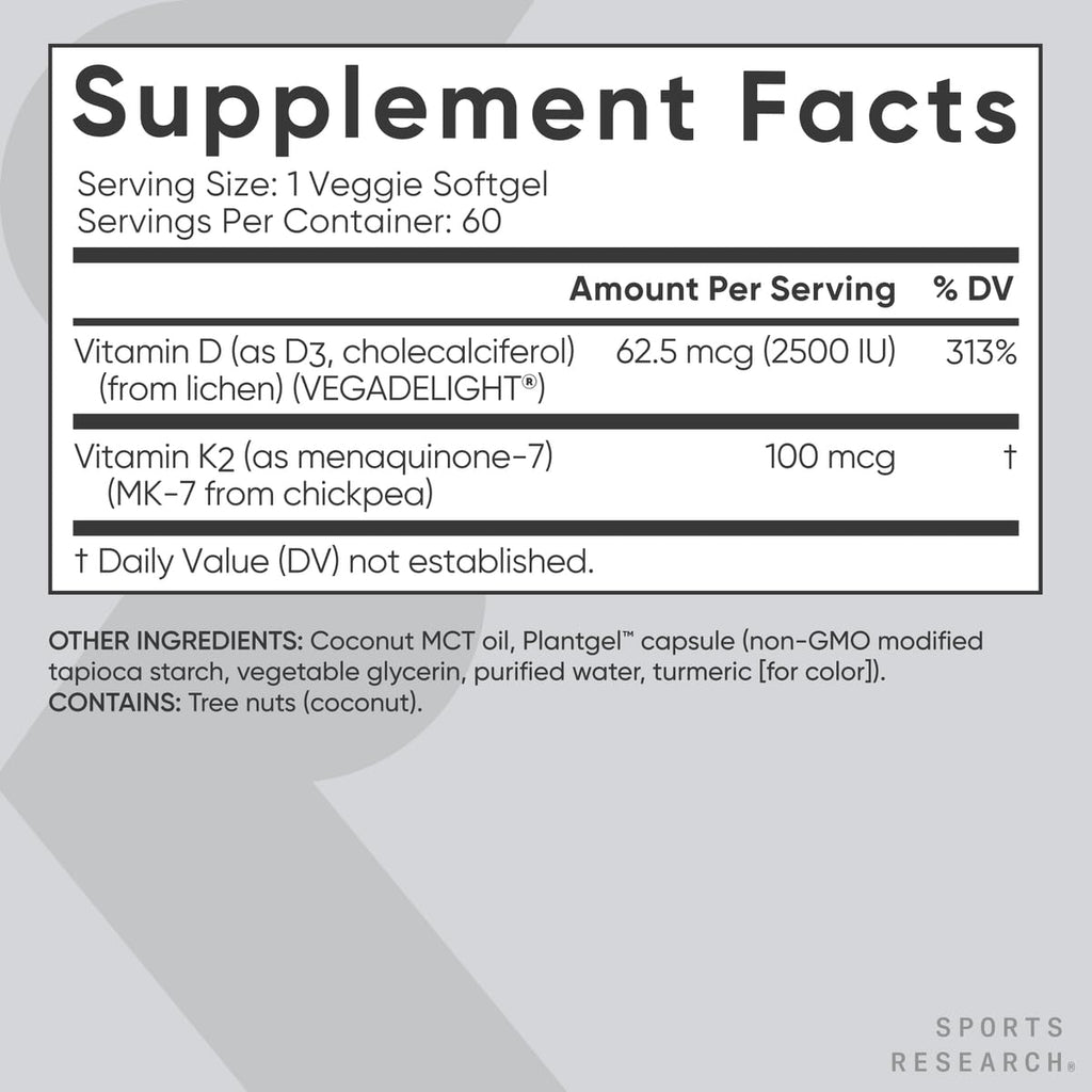 Sports Research Vitamin D3 + K2 with Coconut Oil – Vegan D3 2500 IU (62.5 mcg) & MK-7 K2 100 mcg for Bone & Immune Support - Vegan Certified • Non-GMO • Soy Free - 60 Softgels