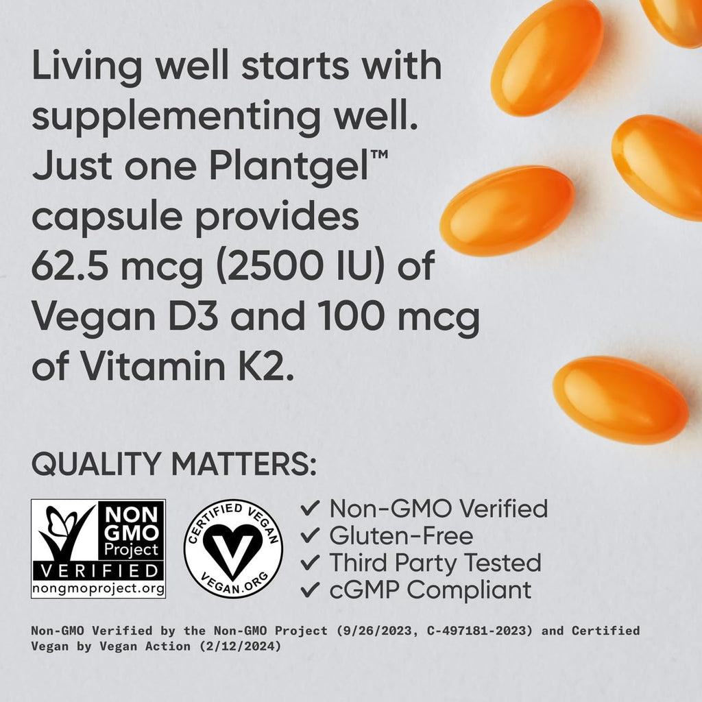 Sports Research Vitamin D3 + K2 with Coconut Oil – Vegan D3 2500 IU (62.5 mcg) & MK-7 K2 100 mcg for Bone & Immune Support - Vegan Certified • Non-GMO • Soy Free - 60 Softgels