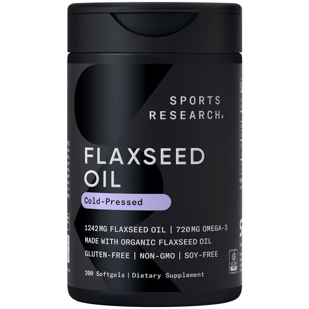 Sports Research Flaxseed Oil Softgels 1242mg - Plant-Based Omega-3 | Non-GMO, Soy & Gluten Free (200 Count)