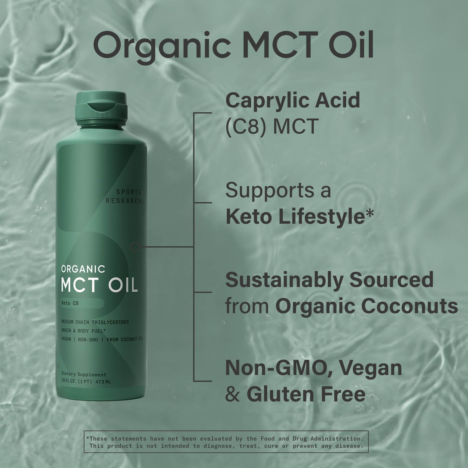 Sports Research Keto MCT Oil C8 Caprylic Acid – 16 oz | Non-GMO & Vegan