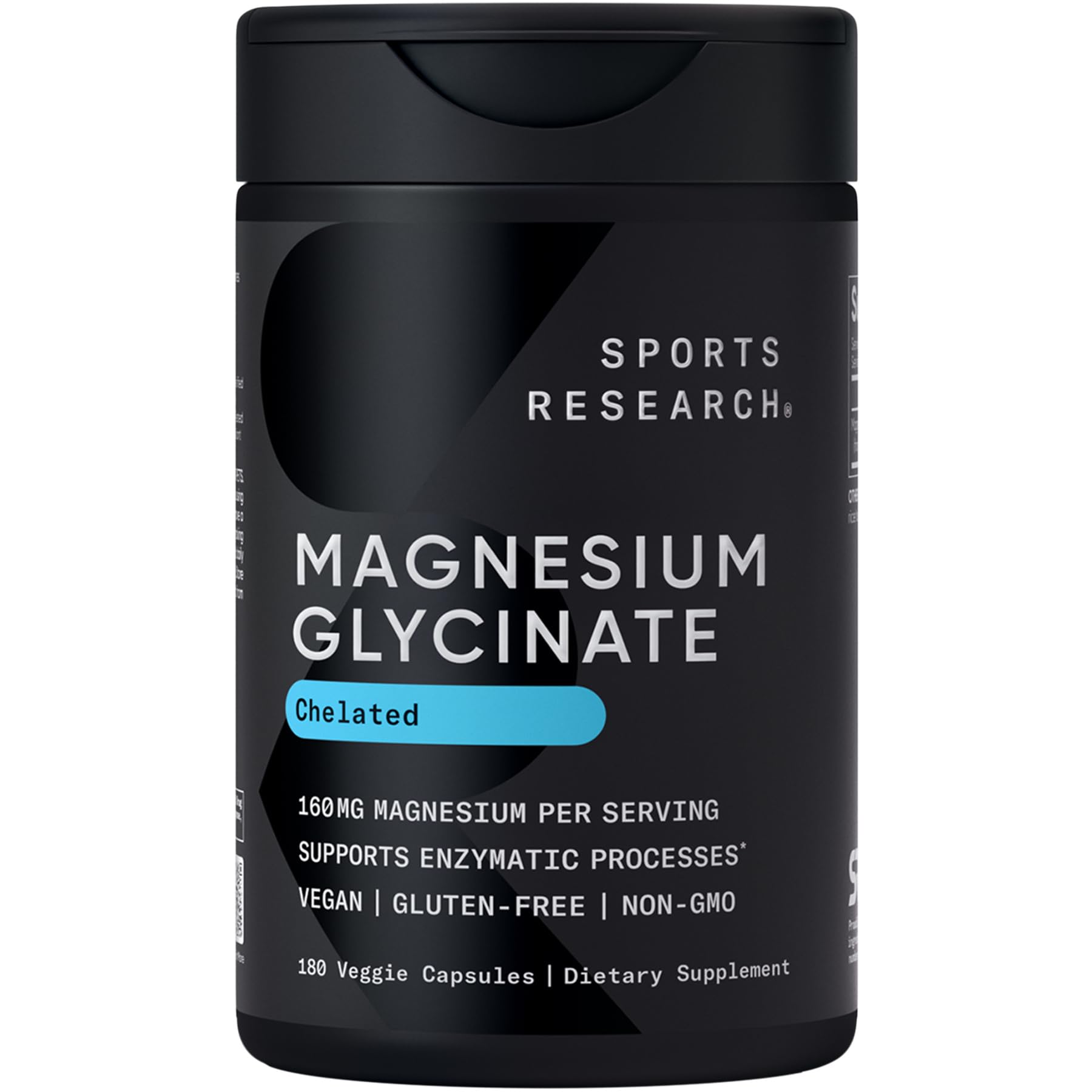 Sports Research Magnesium Glycinate – 160 mg Chelated Magnesium, 180 Vegan Capsules