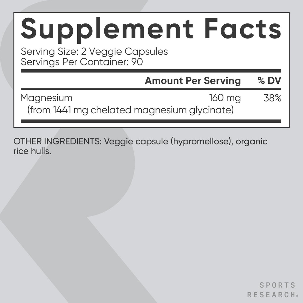 Sports Research Magnesium Glycinate – 160 mg Chelated Magnesium, 180 Vegan Capsules