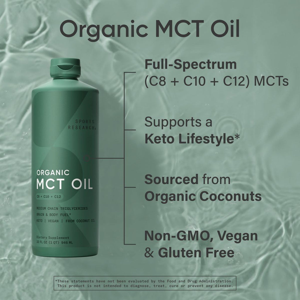 Sports Research Organic MCT Oil 32 oz – Keto, Vegan, C8/C10/C12 (Flavorless)