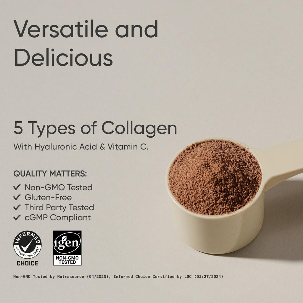 Sports Research Multi Collagen Protein Powder with Hyaluronic Acid & Vitamin C – 5 Types, 30 Servings (Chocolate)