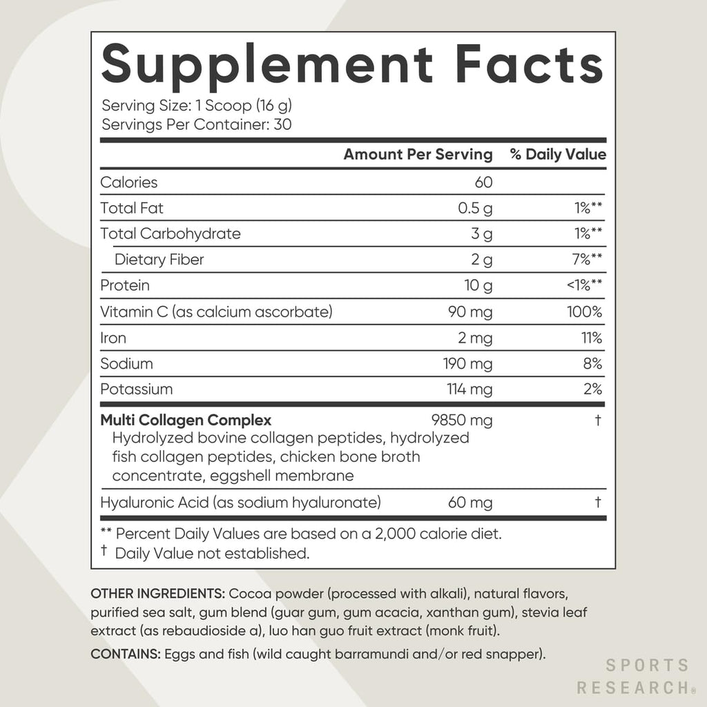 Sports Research Multi Collagen Protein Powder with Hyaluronic Acid & Vitamin C – 5 Types, 30 Servings (Chocolate)
