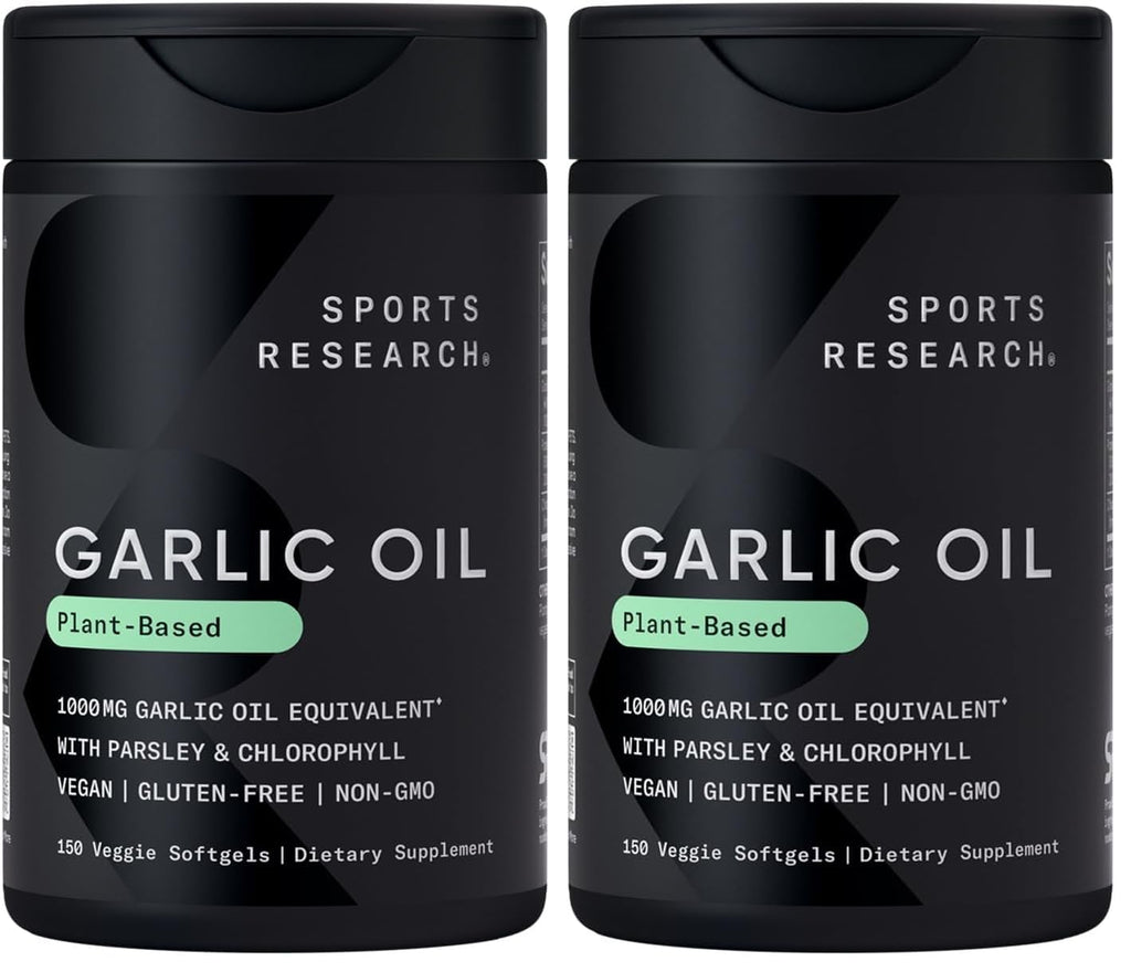Sports Research Odorless Garlic Oil Pills 1000mg with Parsley & Chlorophyll – Non-GMO, Vegan, Gluten Free (2 x 150 Plant Gels)
