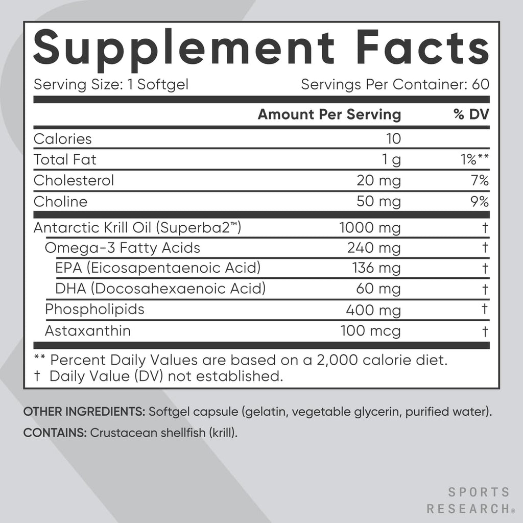 Sports Research Omega-3 Krill Oil 1000mg | MSC Certified Sustainable, Gluten Free, Non-GMO | 60 Softgels