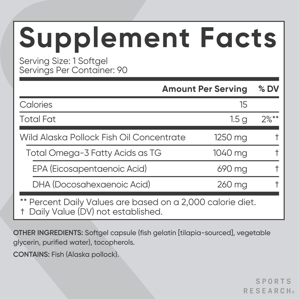 Sports Research Omega-3 Triple Strength Fish Oil 1250 mg | Burpless | 90 ct
