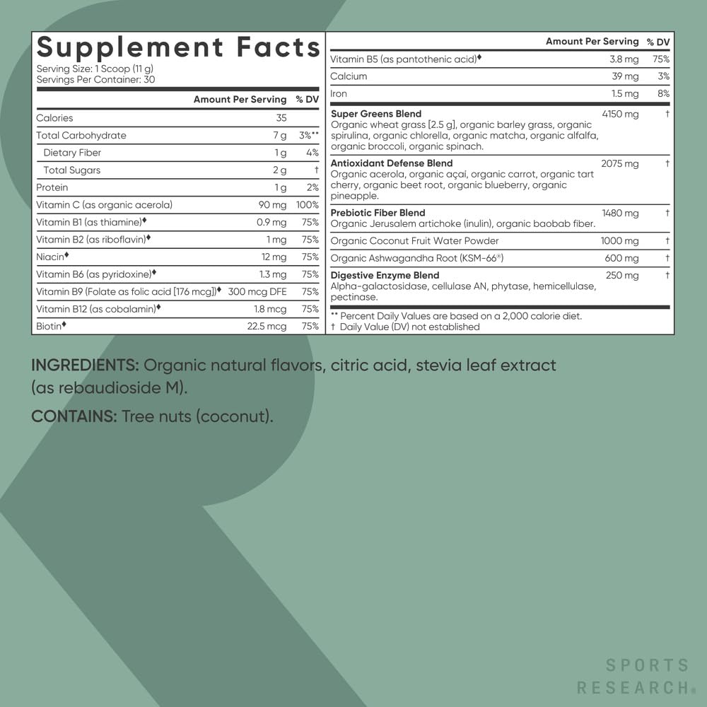 Sports Research Organic Greens Superfood Powder – Pineapple Coconut (30 Servings) | Spirulina, Chlorella, Adaptogens, Probiotics, 8 B Vitamins | Vegan, Sugar-Free