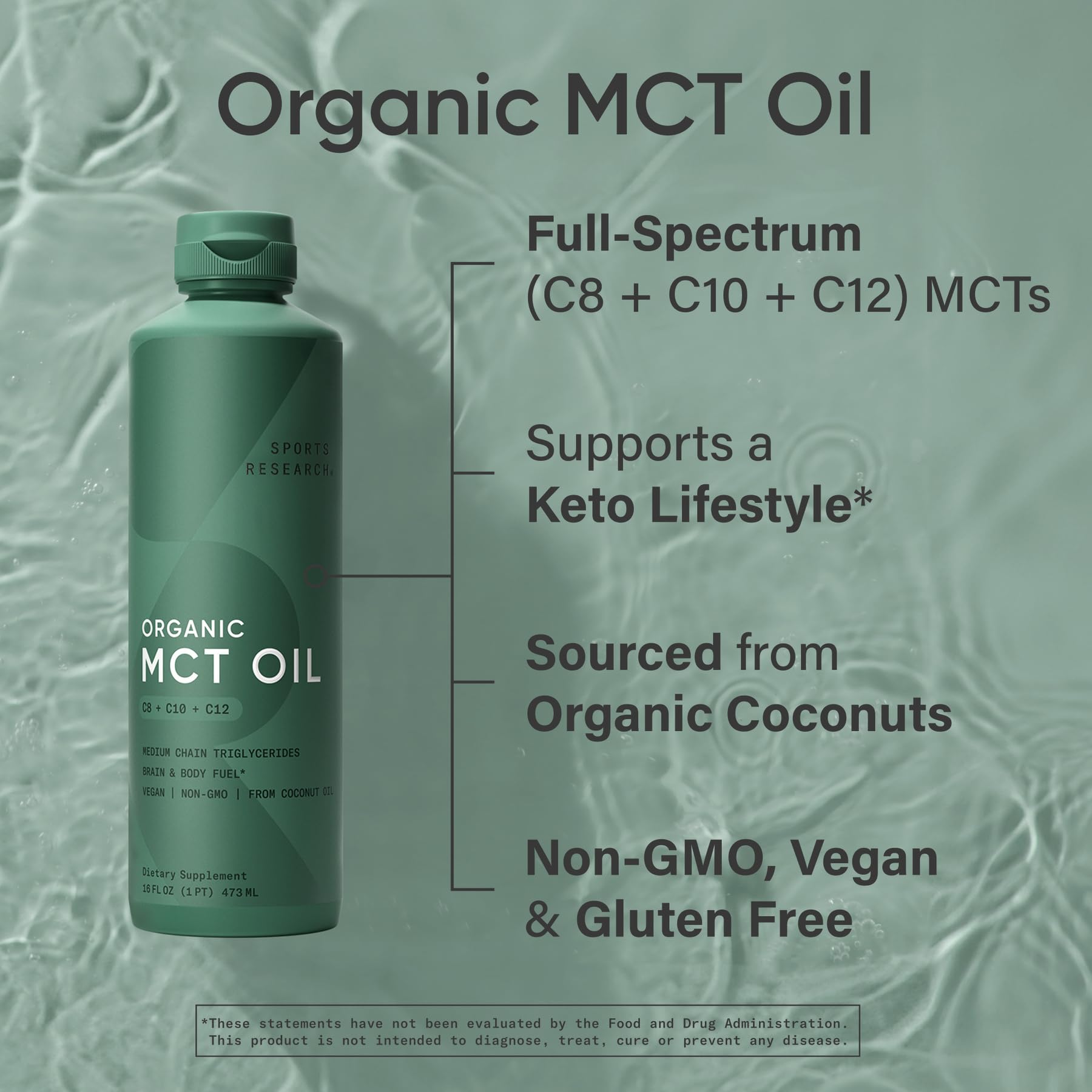 Sports Research Organic MCT Oil 32oz – Full Spectrum C8/C10/C12 from Coconut (Unflavored)