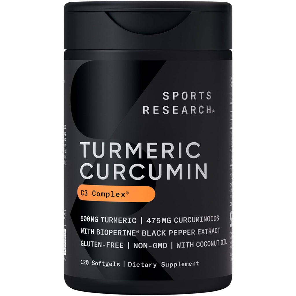 Sports Research Turmeric Curcumin C3 Complex Softgels – 500mg, 120 Count | BioPerine & Organic Coconut Oil | Non-GMO & Gluten Free