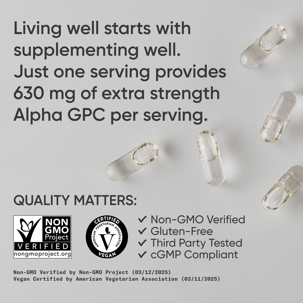 Sports Research® Alpha GPC 630mg (Extra Strength) – Bioavailable Choline for Focus & Cognitive Support | Vegan • Non-GMO • Gluten Free – 120 Liquid Capsules