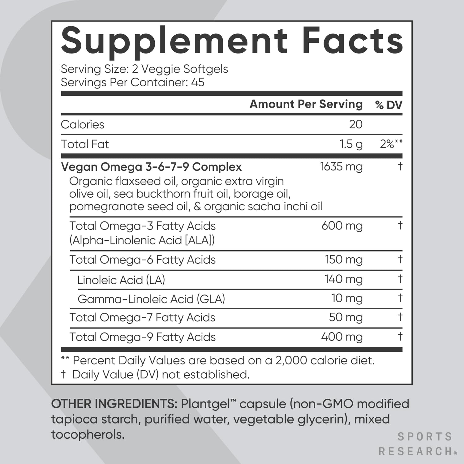 Sports Research Vegan Omega 3-6-7-9 1200 mg - 90 Veggie Softgels | Multi-Spectrum
