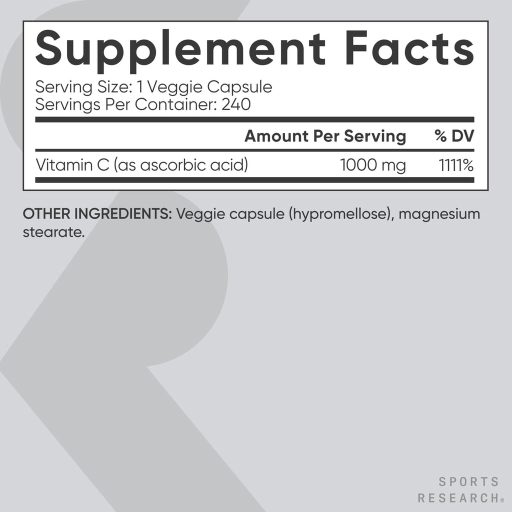 Sports Research High Potency Vitamin C 1000mg – Vegan Veggie Capsules, Non-GMO, Gluten Free, 240 Count