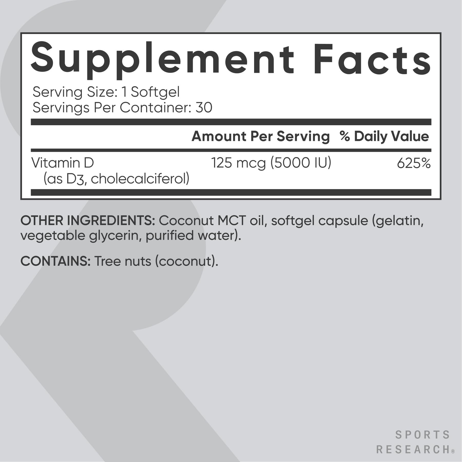 Sports Research Vitamin D3 5000 IU with Coconut MCT Oil – Extra Strength D3 Softgels, Non-GMO, Gluten & Soy Free, 30 Softgels