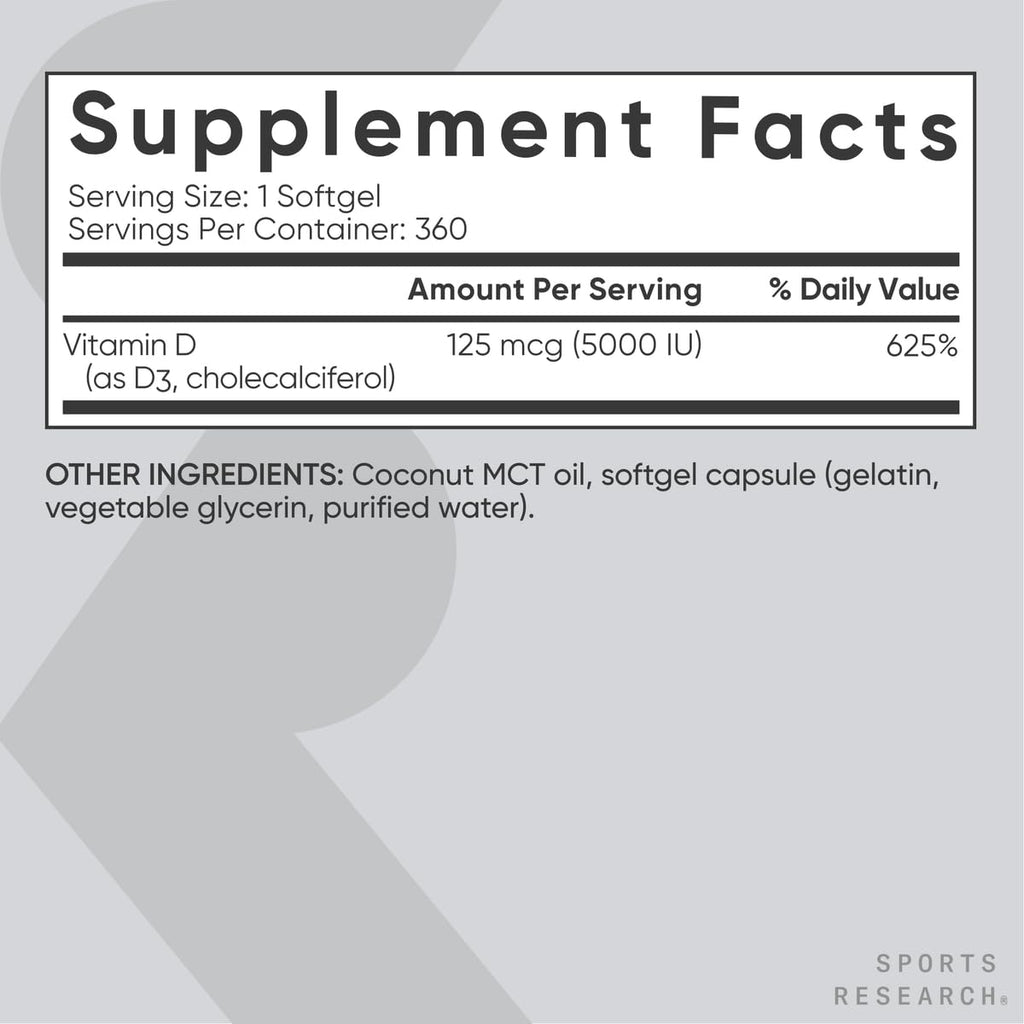 Sports Research Vitamin D3 5000 IU with Coconut MCT Oil - Immune & Bone Support - Seed Oil Free