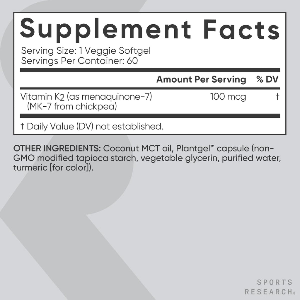 Sports Research Vitamin K2 MK-7 100 mcg with Coconut MCT Oil – 60 Veggie Softgels