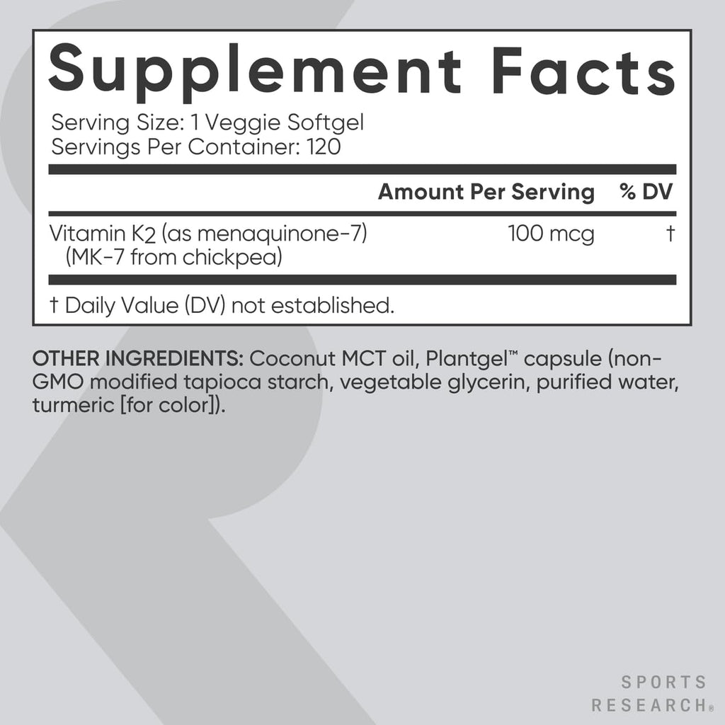 Sports Research Vitamin K2 MK-7 100mcg in Coconut MCT Oil – 120 Veggie Softgels