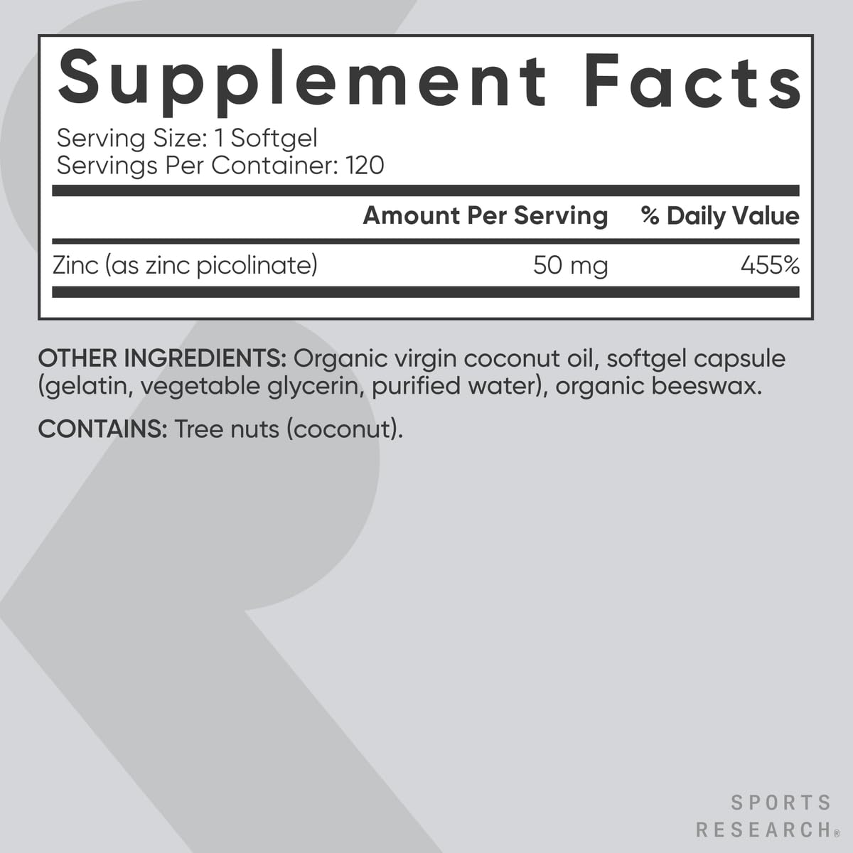 Sports Research Zinc Picolinate 50mg with Organic Coconut Oil – 120 Liquid Softgels