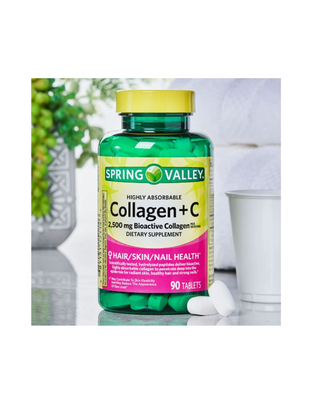 Spring Valley Collagen + C 2,500 mg Bioactive Collagen, 90 Count + STS Sticker | Dietary Supplement