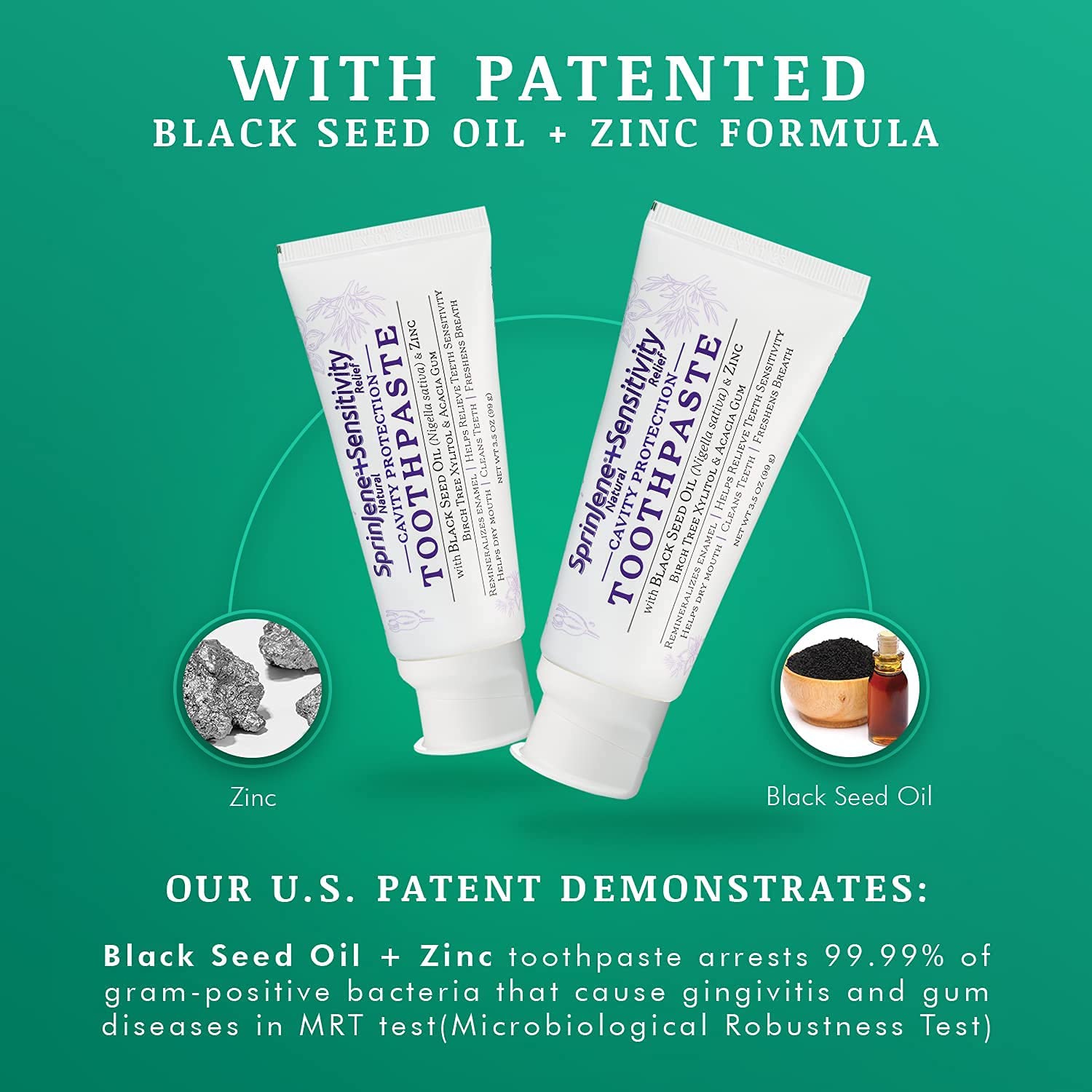 SprinJene Natural Sensitivity Relief Toothpaste – Fluoride for Sensitive Teeth, Cavity Protection, SLS Free – Black Seed Oil & Zinc – Made in USA (1 Pack)