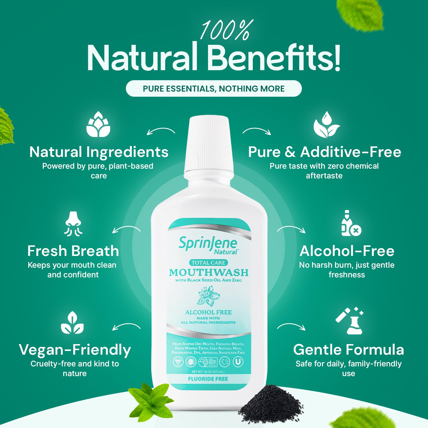 SprinJene Alcohol Free Mouthwash with Xylitol – Fluoride Free, Vegan & Made in USA (2 Pack)