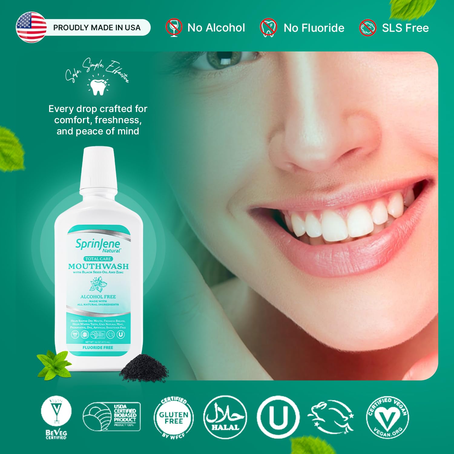 SprinJene Alcohol Free Mouthwash with Xylitol – Fluoride Free, Vegan, Made in USA